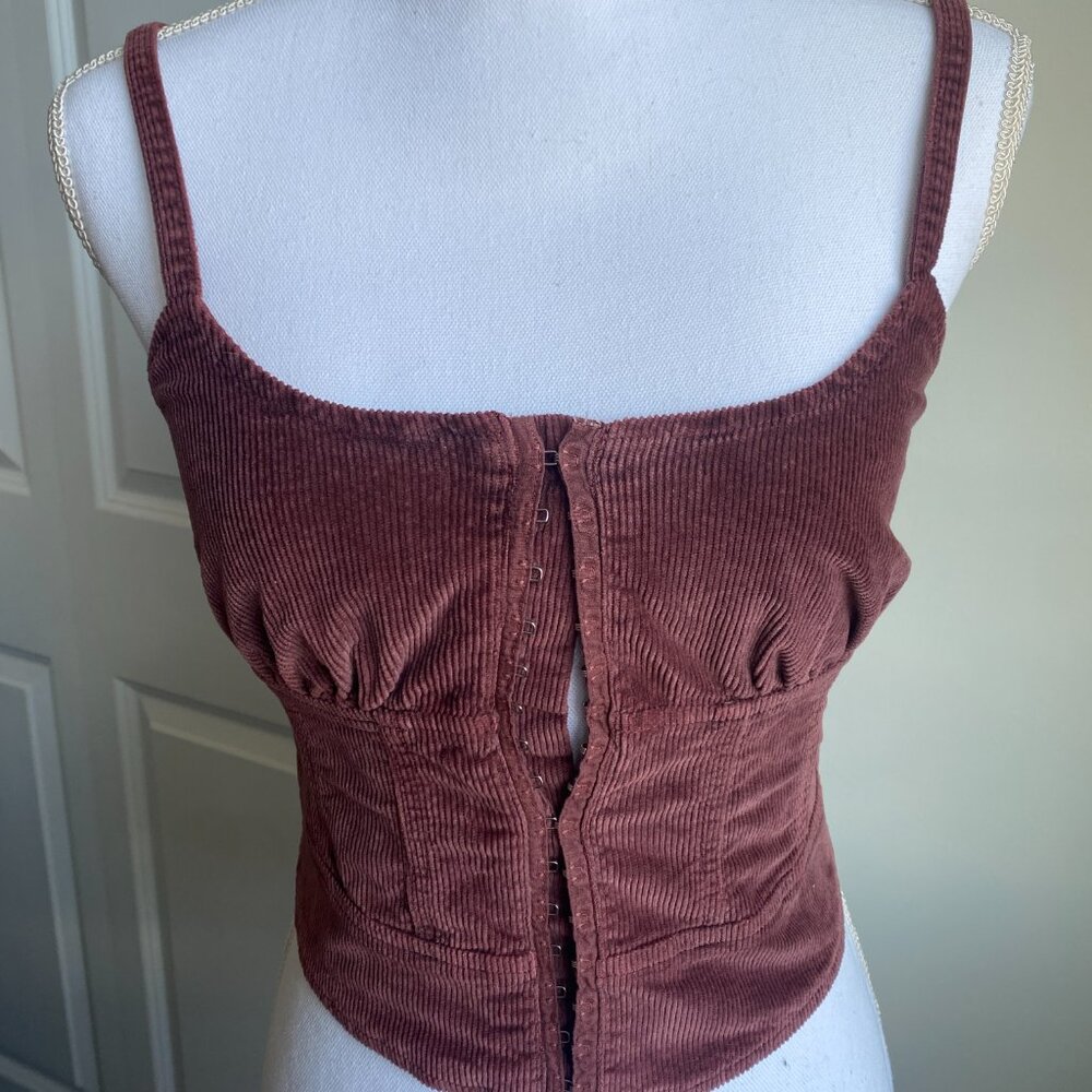 Pilcro Corduroy Corset Tank Top Hook Front Anthropologie Brown Crop Top Size 0